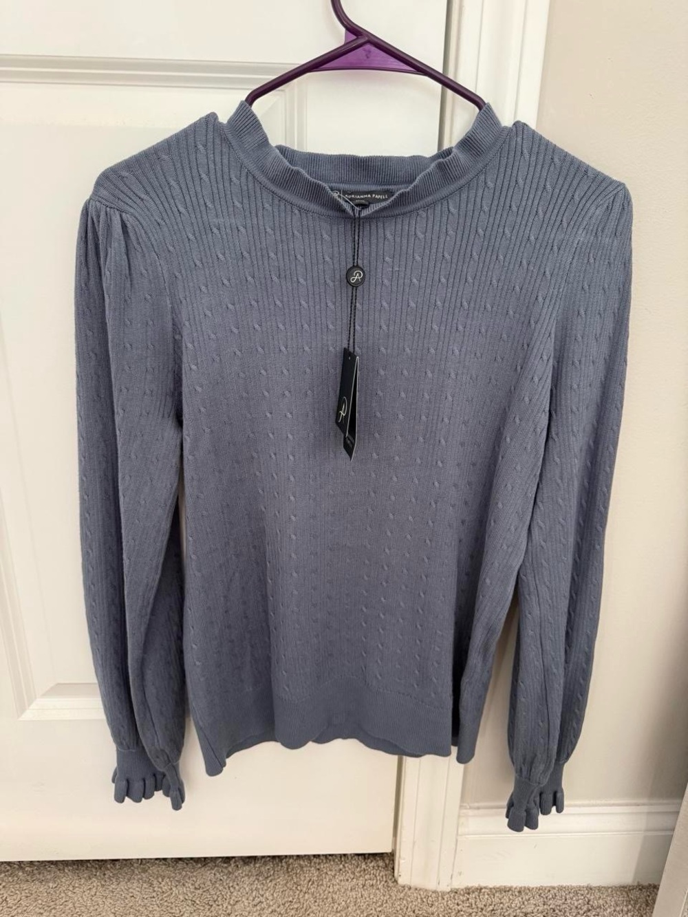 Adrianna Papell Dusty Blue Cable Knit Mock Neck Top